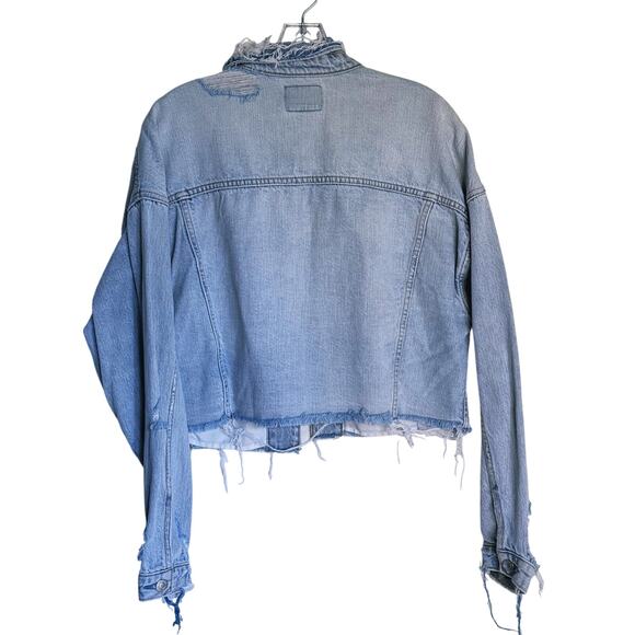 American Eagle Cropped Denim Boyfriend Jacket Raw Hem Distressed Small Y2K Fall - Picture 3 of 6